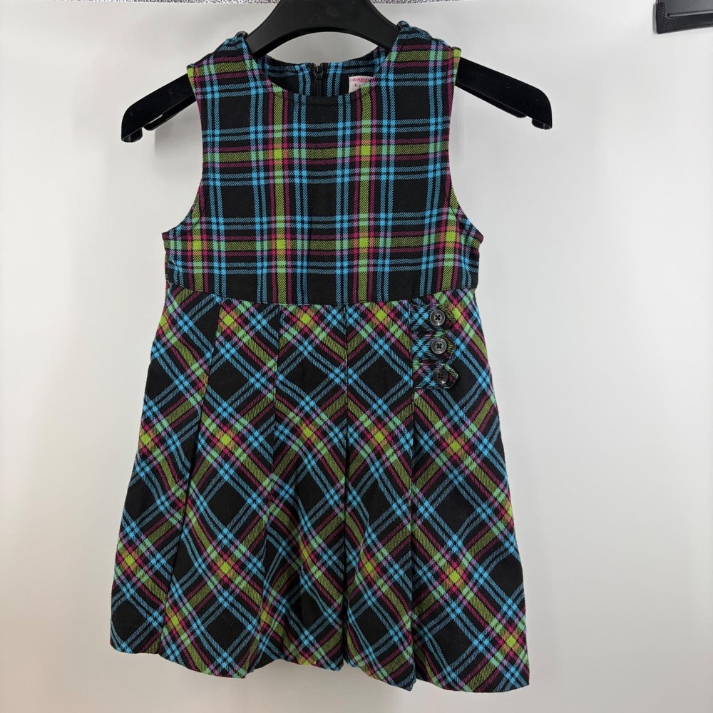 Vintage Gymboree 2001 Neon Plaid Pleated Jumper Dress XL 6 Years Black Blue Pink
